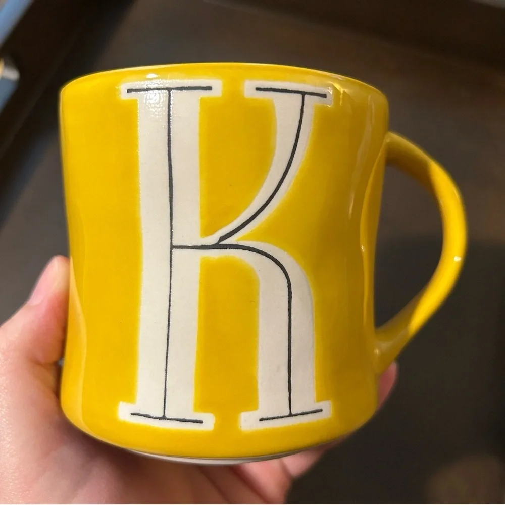 Anthropologie K Initial Mug Yellow White Monogram Hand Painted